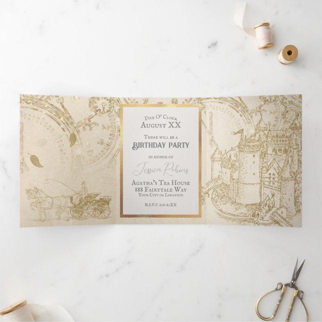 Fairy Tale Theme Castle Carriage Gold Glitzer Dreifach Gefaltete Einladung (Innenseite)