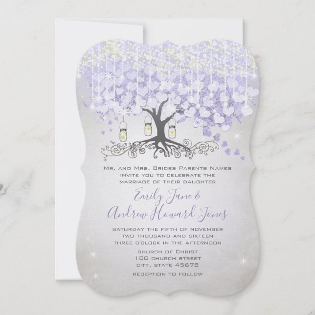 Fairy Tale Ultra Violet Heart Leaf Tree Wedding Einladung (Vorderseite)