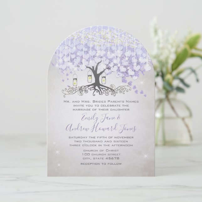 Fairy Tale Ultra Violet Heart Leaf Tree Wedding Einladung (Stehend Vorderseite)