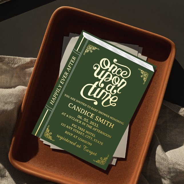 Fairy Tale Whimsical Book Cover Green Baby Dusche Folieneinladung (Once Upon a Time Fairytale Book Cover Baby Shower Invitation Emerald Green with Gold Foil)