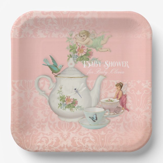 Fairy Tea Party Babydusche Dekoration Personalisie Pappteller (Vorderseite)