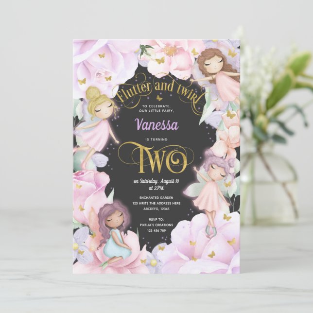 Fairy themed, Girl 2. Geburtstagseinladung Einladung (Stehend Vorderseite)