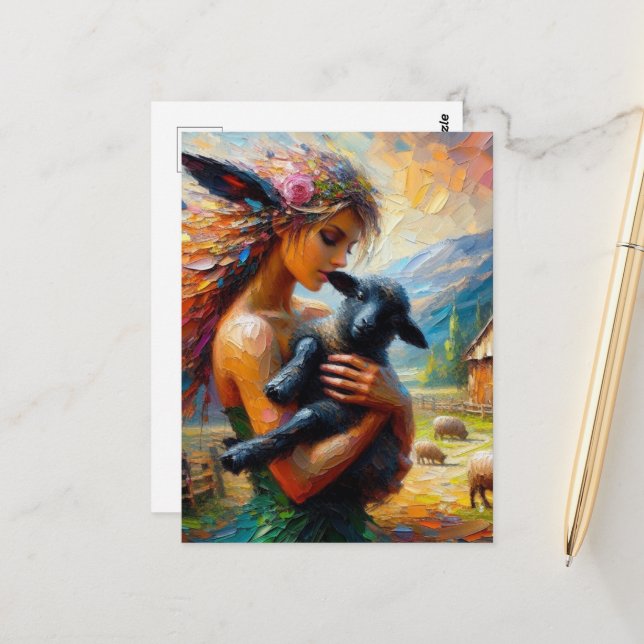 Fairy und ein schwarzes Lamm Postkarte (Vorderseite/Rückseite Beispiel)