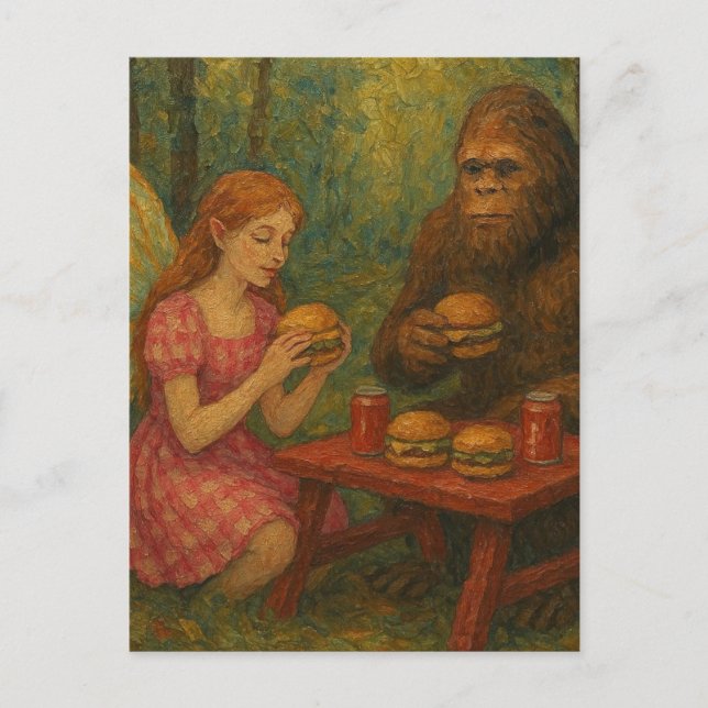 Fairy und Sasquatch essen Cheeseburgers im Wald Postkarte (Vorderseite)