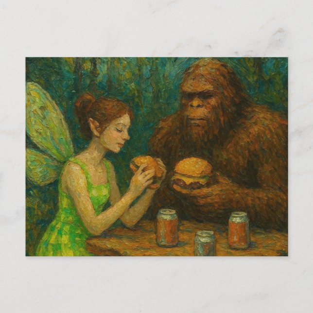Fairy und Sasquatch essen Cheeseburgers Postkarte (Vorderseite)