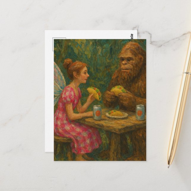 Fairy und Sasquatch essen Tacos Postkarte (Vorderseite/Rückseite Beispiel)