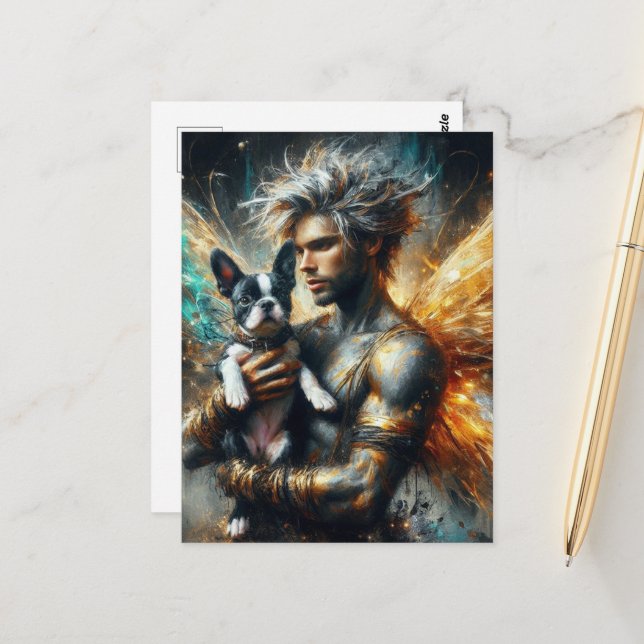 Fairy und sein Boston Terrier Puppy Postkarte (Vorderseite/Rückseite Beispiel)