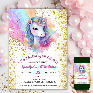 Fairy Unicorn 1. Geburtstag | Gold Glitzer Rainbow Einladung