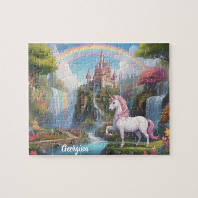 Fairy Unicorn und Burg Personalisiert Puzzle (Horizontal)