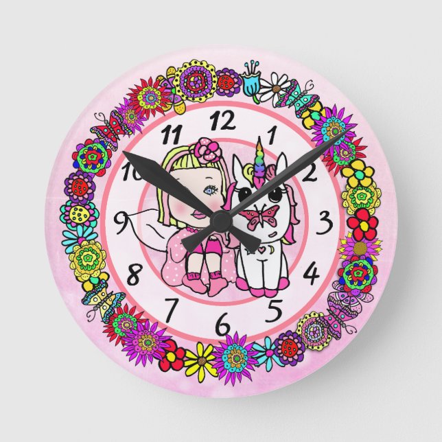 Fairy Whimsical Folk Art Girl's Runde Wanduhr (Vorderseite)
