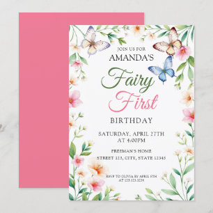 Fairy White & Pink Butterfly Floral 1. Geburtstag Einladung