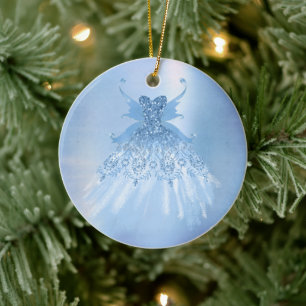 Fairy Wing Ice Gown   Frost Blue Iridescent Sheen Keramik Ornament