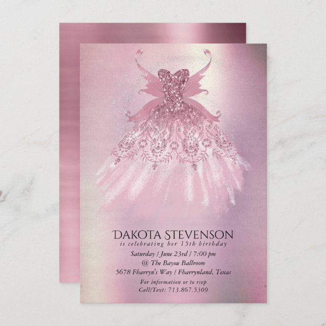 Fairy Wing Mauve Gown | Luxuriöse Dusty Pink Sheen Einladung (Vorne/Hinten)