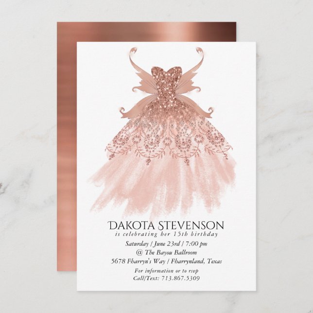 Fairy Wing Rose Gold Gown | Terracotta Coral Sheen Einladung (Vorne/Hinten)