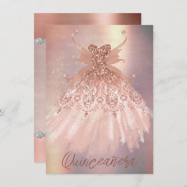 Fairy Wing Rose Gold Gown | Terracotta Coral Sheen Einladung (Vorne/Hinten)