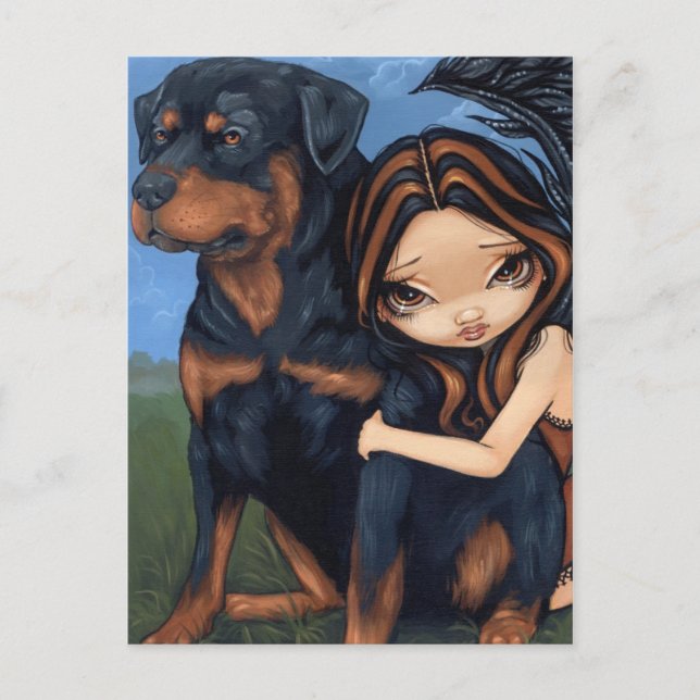 "Fairy with a Rottweiler" Postkarte (Vorderseite)