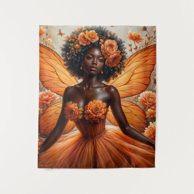 Fairy With Dark Skin In Orange Floral Wandteppich (Vorderseite)