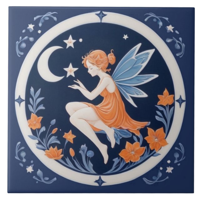 Fairy with Moon & Stars Night blue & orange Fliese (Vorderseite)