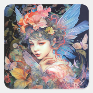 Fairy Woman In Blume Fantasy Art Quadratischer Aufkleber