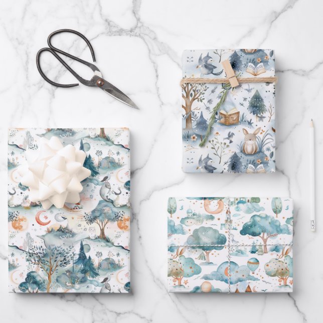 Fairy Woodland Animals Blue Geschenkpapier Set (Vorderseite)