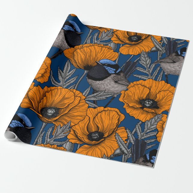 Fairy wrens and orange poppy flowers geschenkpapier (Ungerollt)