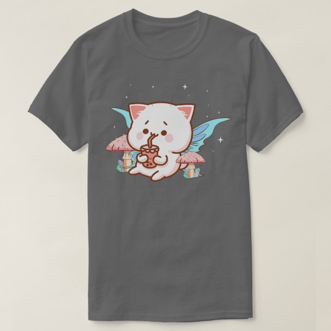 Fairycore Ästhetik Fairy Kawaii Cat Drinking Bubb T-Shirt (Design vorne)