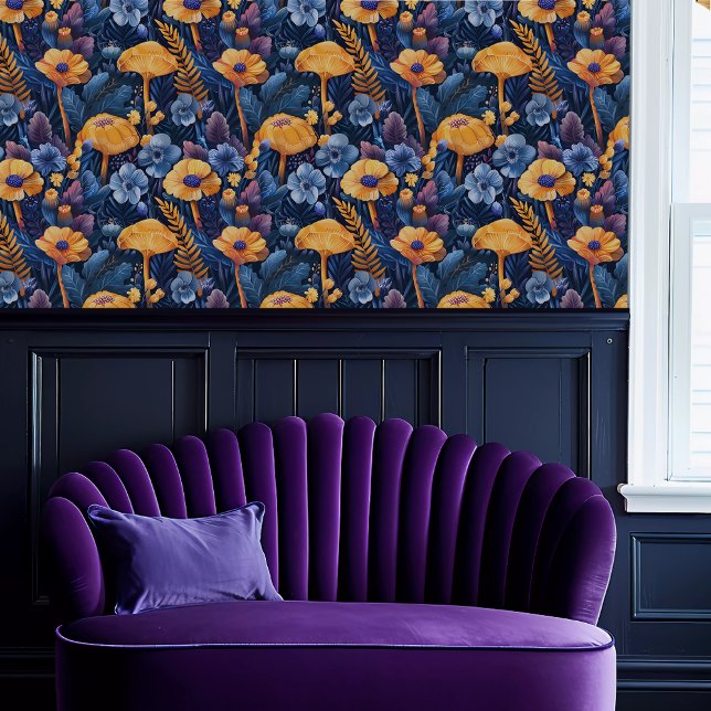 Fairycore Blau und Gelb Tapete (Fairycore Blue and Yellow Floral Wallpaper above a purple scalloped sofa.)