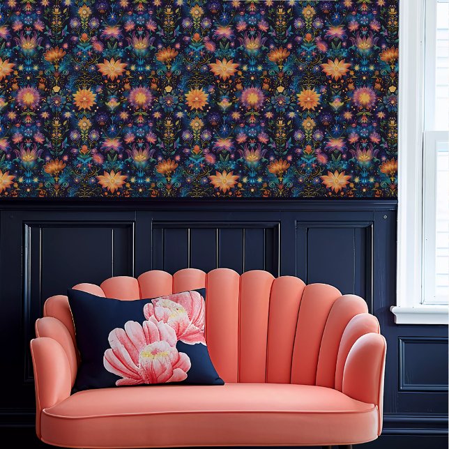 Fairycore Ethereal Funky Glows Blume Tapete (Fairycore Ethereal Funky Glowing Flowers Wallpaper above a coral scalloped sofa.)