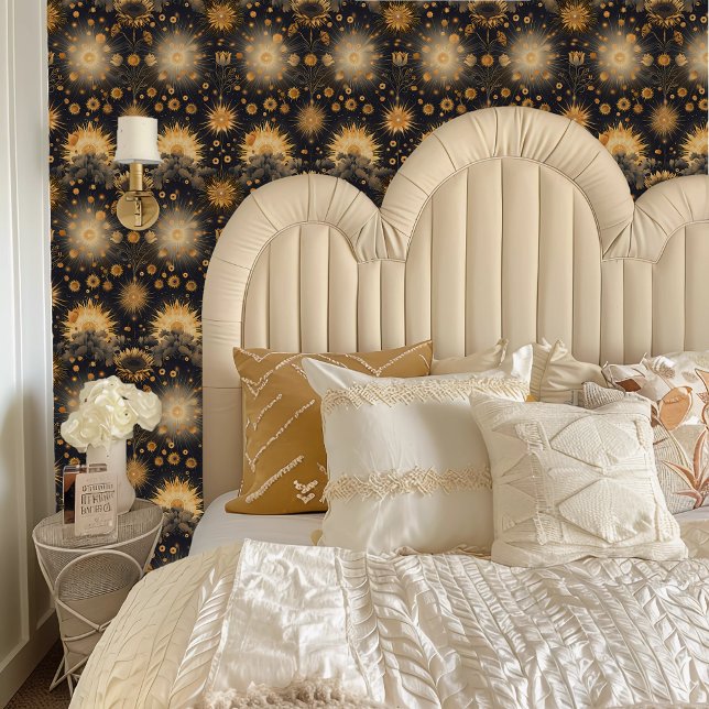 Fairycore Gelbe Himmelsstars Tapete (Fairycore Glowing Yellow Celestial Stars Wallpaper behind a cream colored headboard.)
