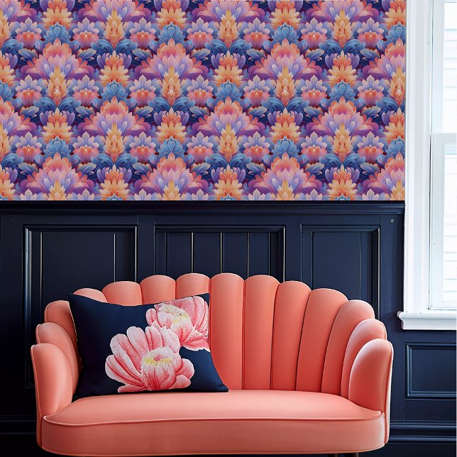 Fairycore Lila, Orange und Blue Fauna Tapete (Fairycore Purple, Orange, and Blue Fauna Wallpape above a coral scalloped sofa.)