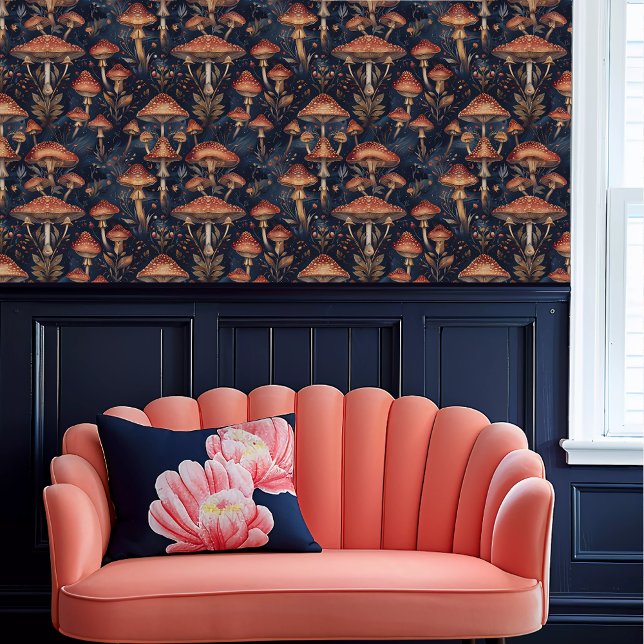 Fairycore Red Toadstocker Tapete (Fairycore Red Toadstools Wallpaper above a coral scalloped sofa.)