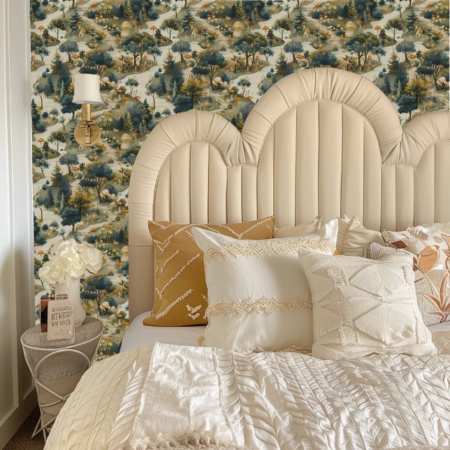 Fairycore Rot, Grün und Beige Pilzwälder Tapete (Fairycore Red, Green, and Beige Mushroom Forest Wallpaper behind a cream colored headboard.)