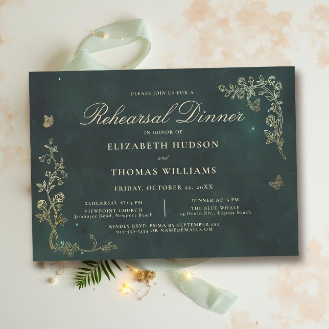 Fairycore-Wald-Probeessen in Smaragdgrün Einladung (forest wedding invitation rehearsal dinner invite fairycore woodland wild roses vines butterflies)