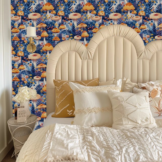Fairycore Whimsical Large Blue & Orange Mushrooms Tapete (Fairycore Whimsical Large Blue & Orange Mushrooms Wallpaper behind a cream colored headboard.)