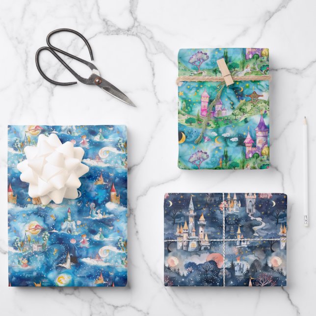 Fairyland Castles Blue Geschenkpapier Set (Vorderseite)
