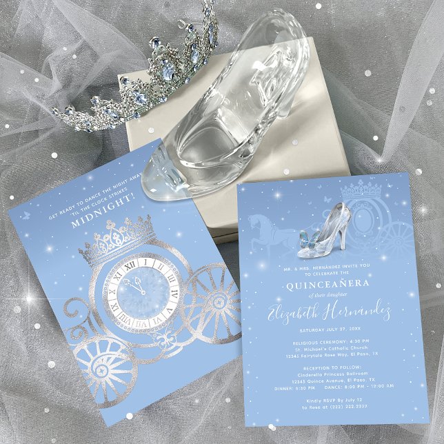 Fairytale Baby Blue Silver Aschenputella Quinceane Einladung (Fairytale Cinderella Princess Invitations for a Quinceanera, Sweet Sixteen or other magical day!)