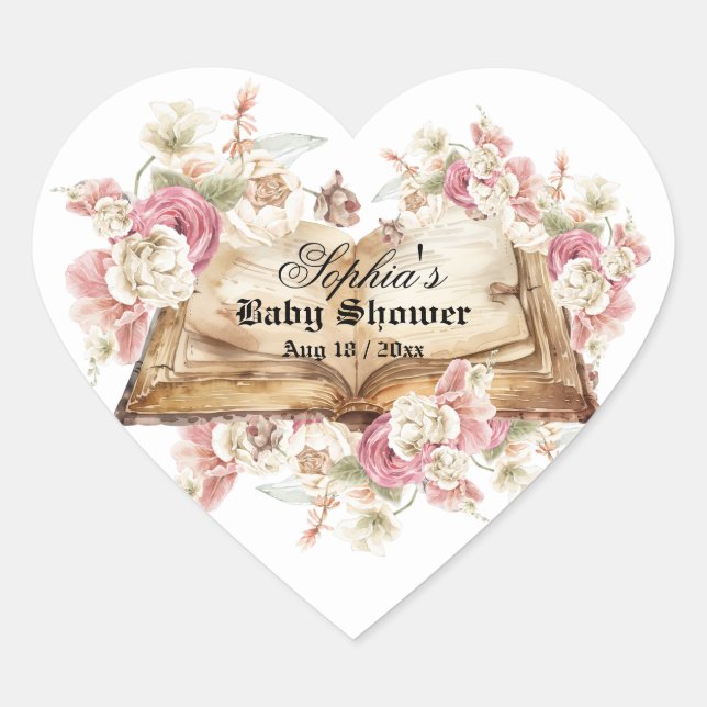 Fairytale Book Flowers Rose Baby Shower Herz-Aufkleber (Vorderseite)