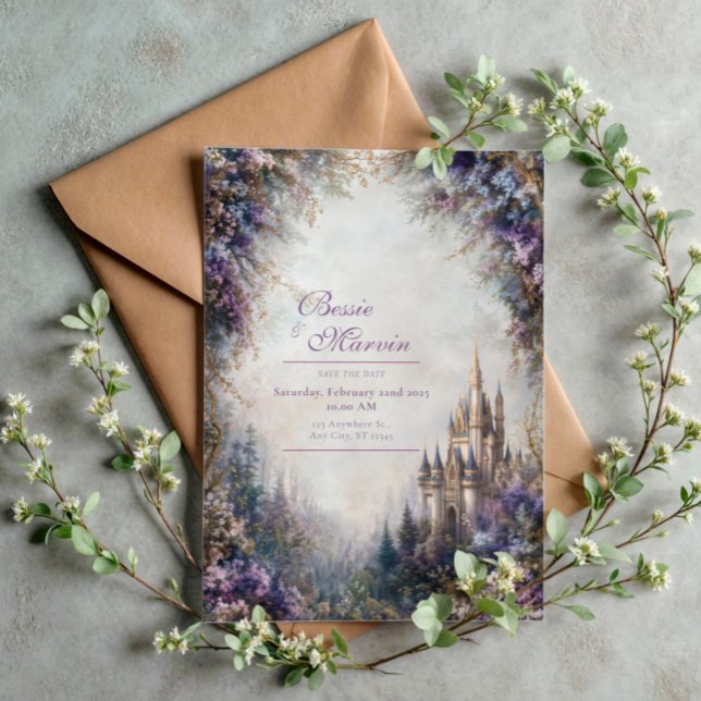 Fairytale Castle Purple Floral Misty Wedding Einladung (Von Creator hochgeladen)