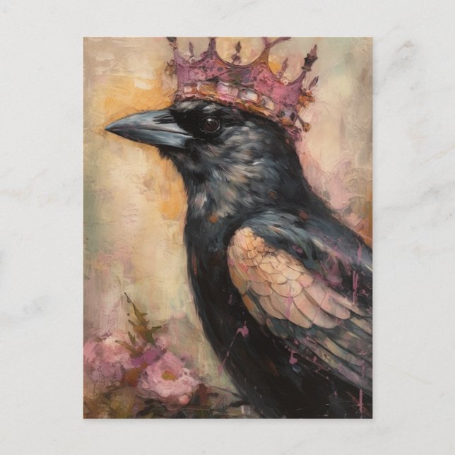 Fairytale Crow in rosa Kronen Postkarte (Vorderseite)