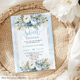 Fairytale Dusty Blue White Gold Blume Sweet 16 Einladung