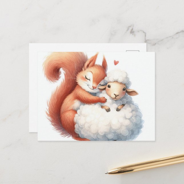 Fairytale Eichhörnchen Hugs a Sheep Postkarte (Vorderseite/Rückseite Beispiel)