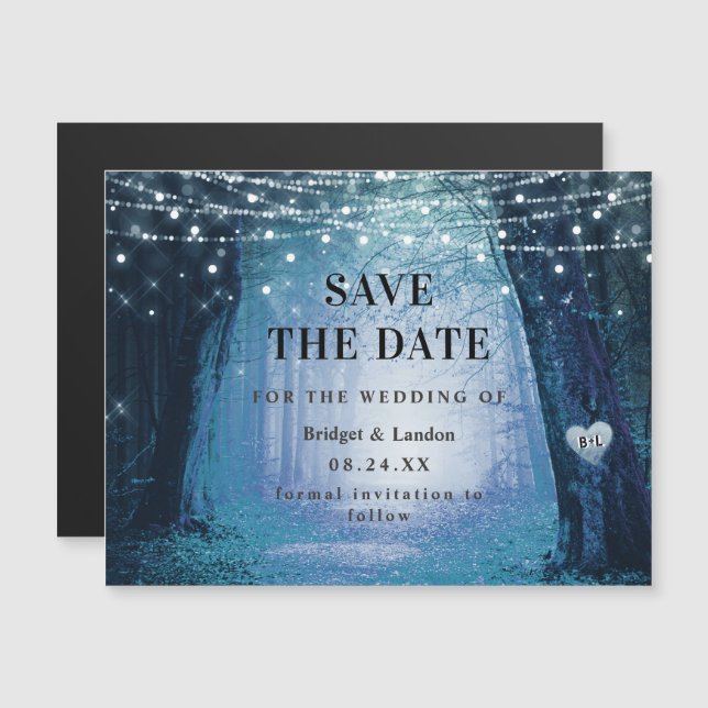 Fairytale Enchanted Forest Blue Save The Date Magneteinladung (Vorne/Hinten)