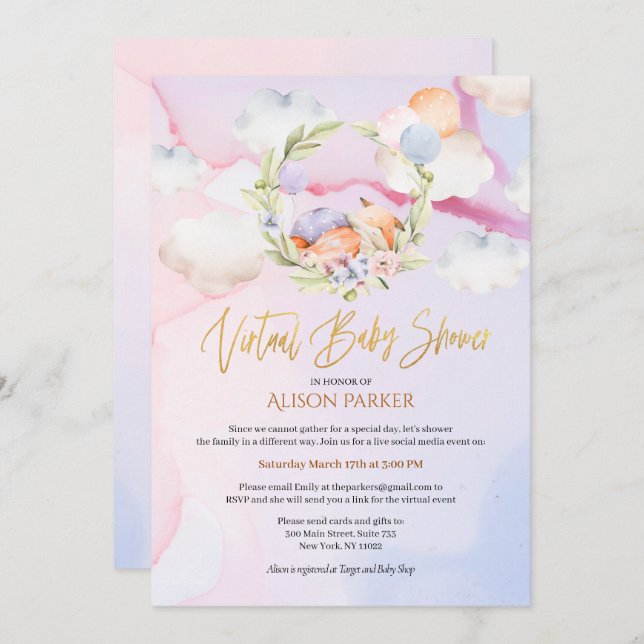 Fairytale Fox Pink Sky Dream | Virtual Baby-Dusche Einladung (Vorne/Hinten)