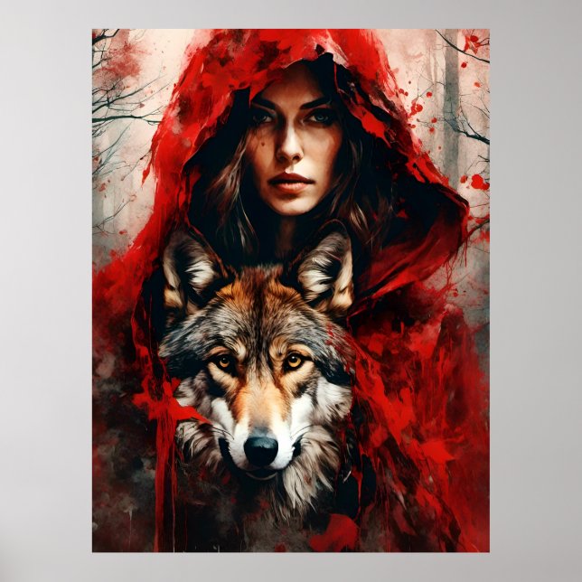 Fairytale Frau und ein Wolf Poster (Vorne)