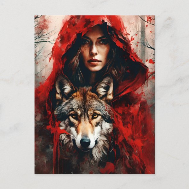 Fairytale Frau und ein Wolf Postkarte (Vorderseite)