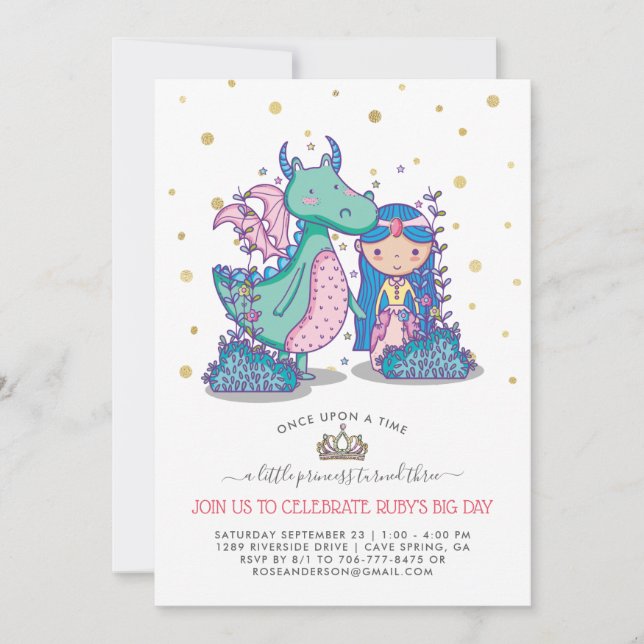 Fairytale Party Einladung | Prinzessin & Dragon (Vorderseite)