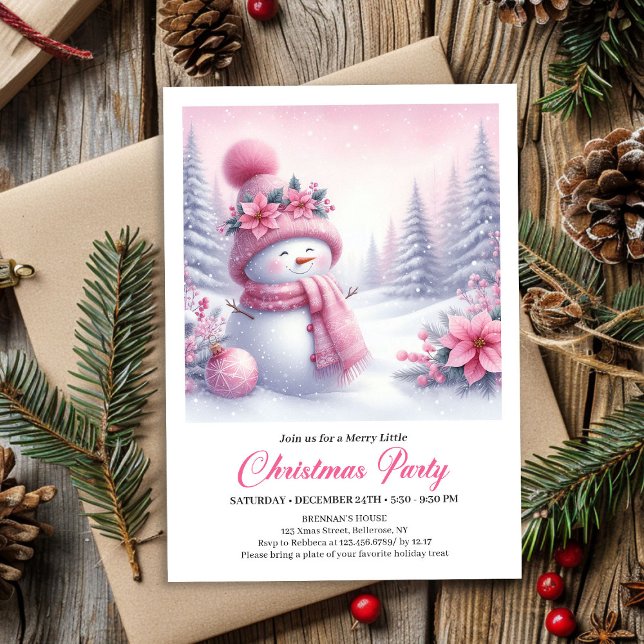Fairytale Pink Snowman Editable Christmas Kids  Einladung (Fairytale Pink Snowman Editable Christmas Kids Party Invite)
