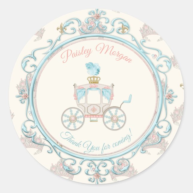 Fairytale Royal Carriage Princess Crown Blush Aqua Runder Aufkleber (Vorderseite)