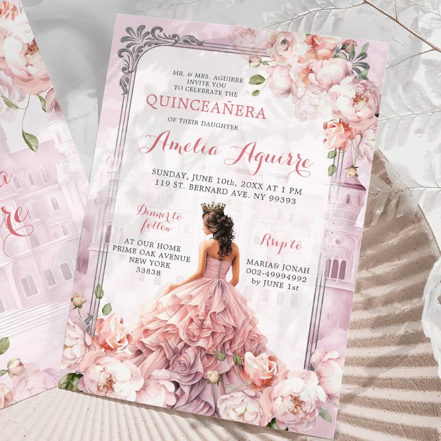 Fairytale Royal Castle Blush Pink Quinceañera Einladung (Von Creator hochgeladen)