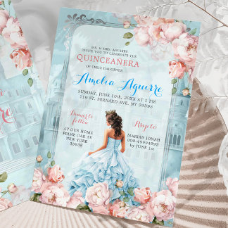Fairytale Royal Castle Pink Blue Quinceañera Einladung
